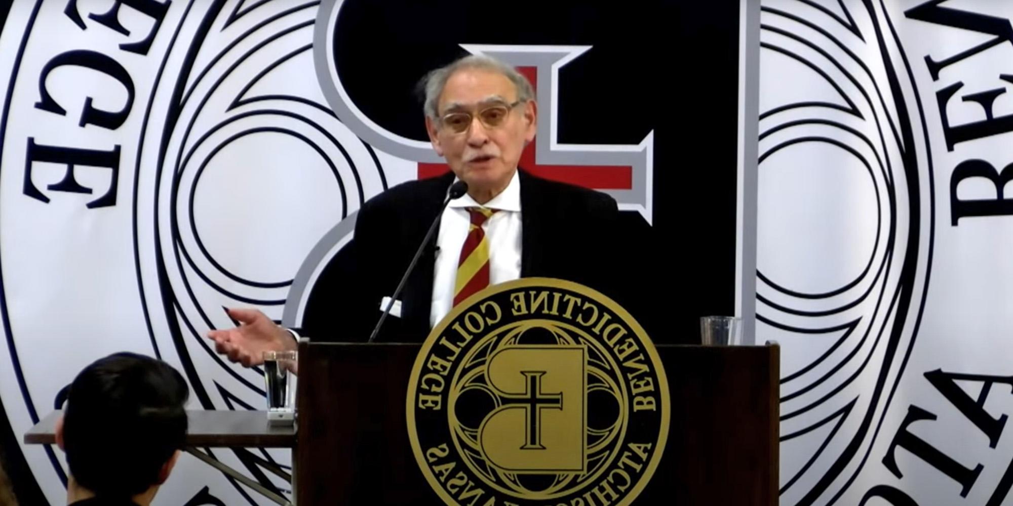 Hadley Arkes speaks at the podium during a lecture at Benedictine College